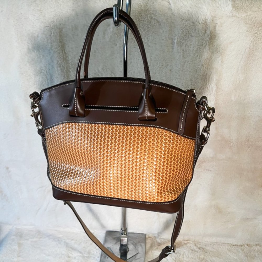 Dooney & Bourke Brown and Tan Woven Leather Satchel with Crossbody Strap - Picture 2 of 5